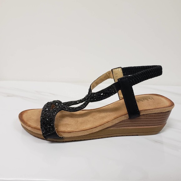 Black Rhinestone Comfort Sandal Cushioned Wedge Size 7.5 - Picture 1 of 7